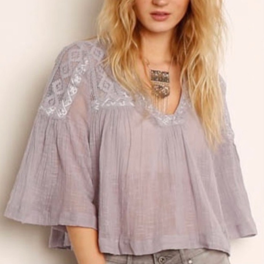 Free People Lavender Gauze Lace Babydoll Top V-Neck Bell Sleeve Boho Blouse